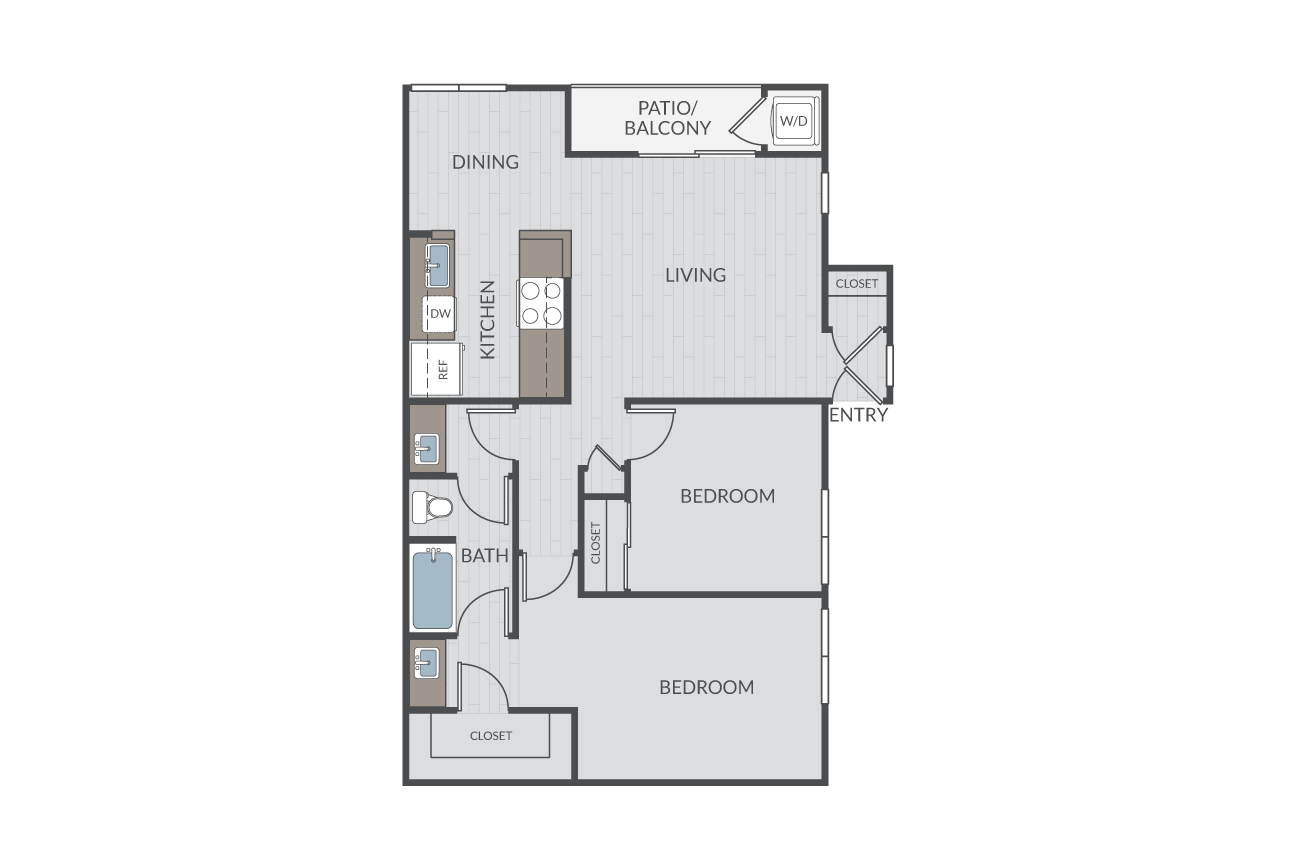 Floor plan for 2 beds, 1.5 baths, 875 sqft